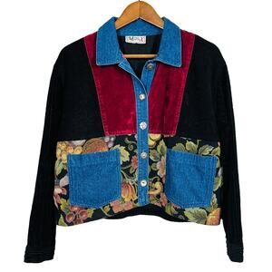 Vintage Mechanix Mixed Media Top Sweater Needlepoint Tapestry Denim - L